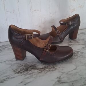 Clarks Dark Brown Double-Strap Mary Jane Block Heels